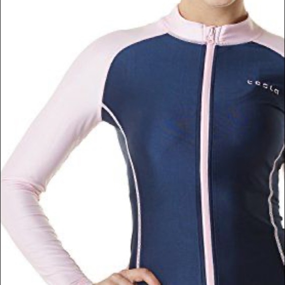 tesla UPF 50 Rashguard Top longsleeve shirt pink navy blue M zip front Swim surf